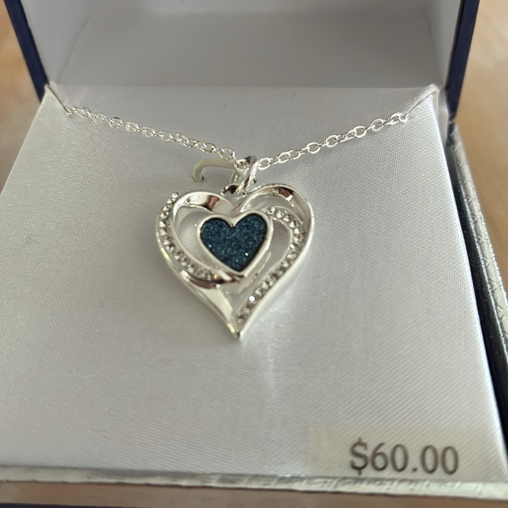 NWT Silver Heart Pendant Necklace with Blue Accent